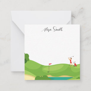 Golfer Woman is on green grass in golf course Card