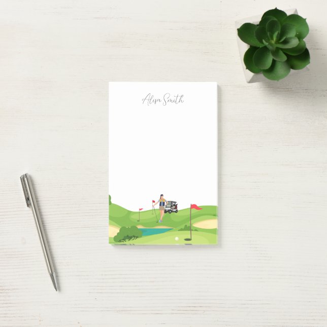 Golfer Woman is on green grass in golf course Post-it Notes (Office)