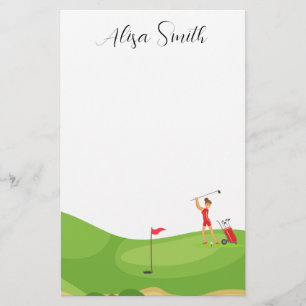 Golfer Woman is on green grass in golf course   Stationery