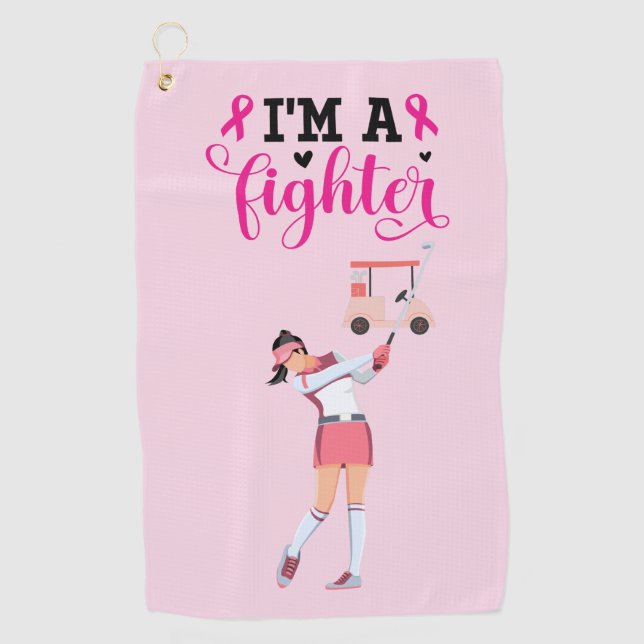 Golfer woman on breast cancer awareness pink  golf towel (Front)