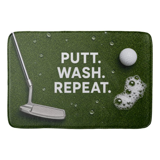 Golfer's bathroom with golf balls and putter bath mat (Front)