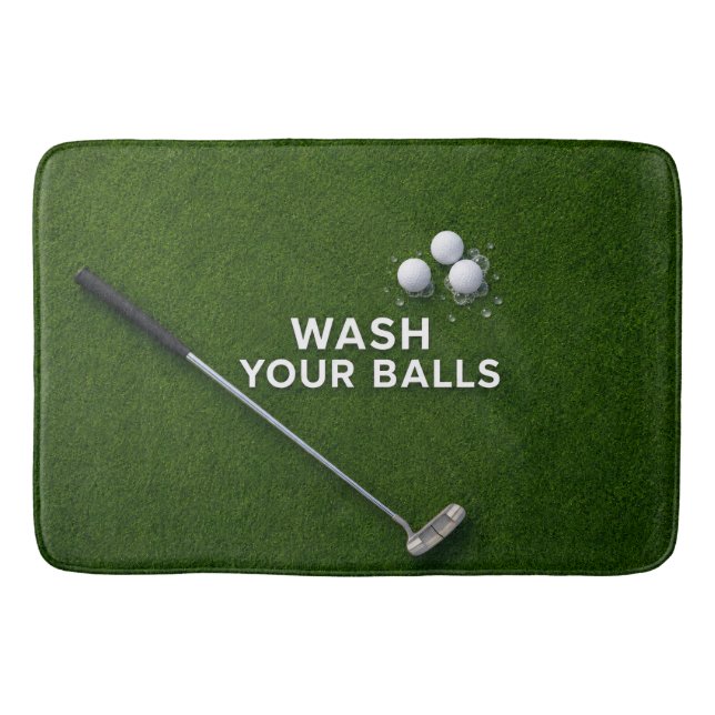 Golfer's bathroom with golf balls and putter bath mat (Front)