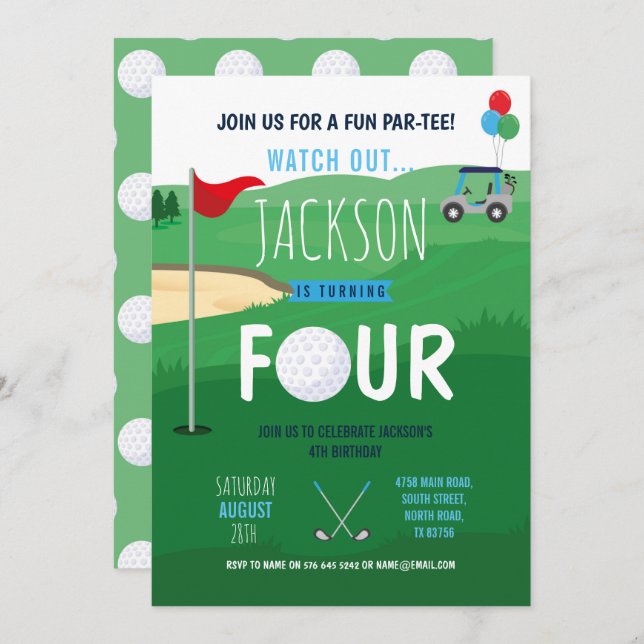 Golfing 4th Birthday Four Golf Course Clubs Invitation (Front/Back)