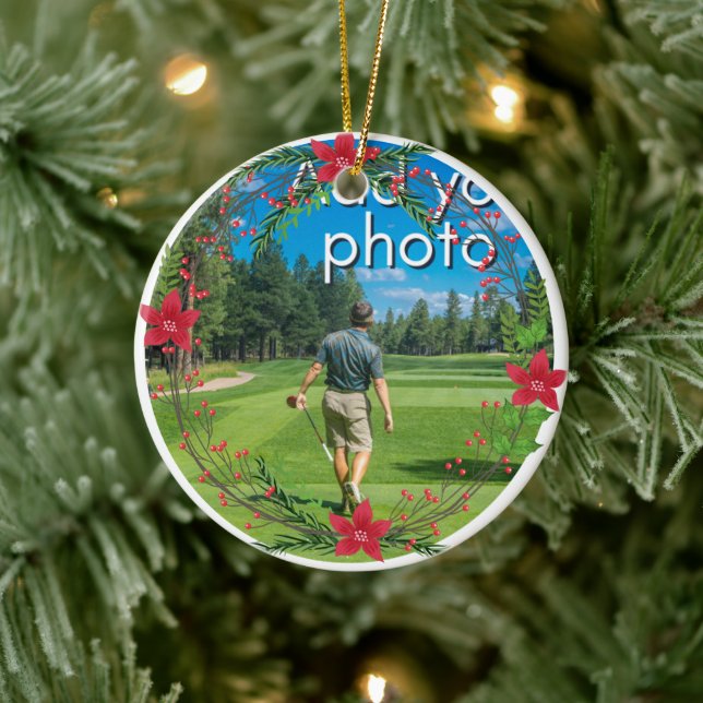 Golfing Christmas Wreath add your photo red Ceramic Tree Decoration (Tree)