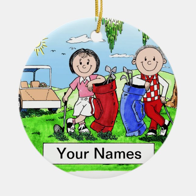 Golfing Couple - Personalised Cartoon Gift Ceramic Tree Decoration (Front)