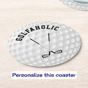 Golfing crossed clubs custom text golf ball round paper coaster