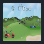 Golfing Father's Day Wall Clock<br><div class="desc">Features a golf course background with a sand trap and golf flag, a red golf cart, a blue golf cart both with golf bags. Stylised text is #1 Dad. Clock numbers can be deleted if you wish. Perfect gift for Dad this Father's Day. This design was created using original artwork©...</div>
