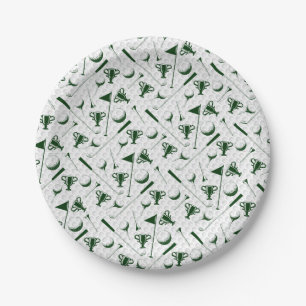 Golfing Green White Golf Ball Trophy Clubs Flag Paper Plate