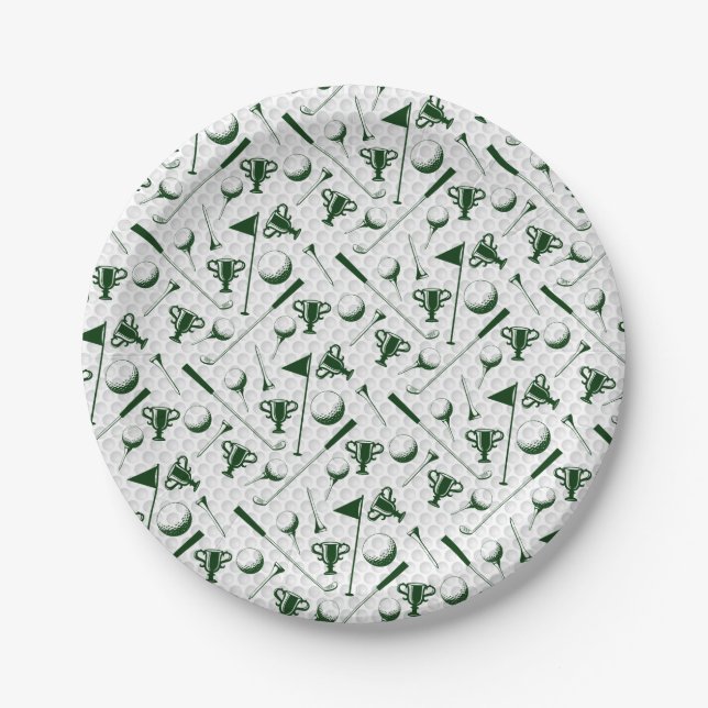 Golfing Green White Golf Ball Trophy Clubs Flag Paper Plate (Front)
