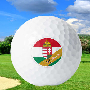 Golfing Hungary & Monogram, Hungarian Flag /golden Golf Balls