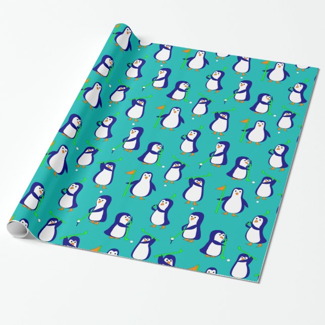 Golfing Penguins on blue Wrapping Paper (Unrolled)