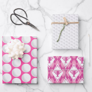Golfing Pink Preppy Ladies Golf Ball Trophy Fun Wrapping Paper Sheet