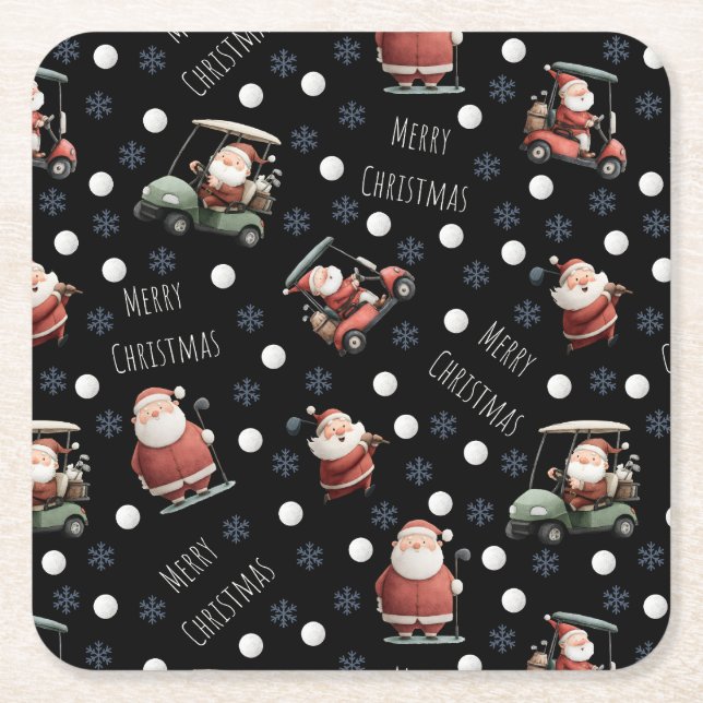Golfing Santa on Black Paper Coaster (Front)