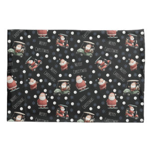 Golfing Santa on Black Pillowcase