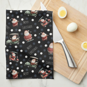 Golfing Santa on Black Tea Towel
