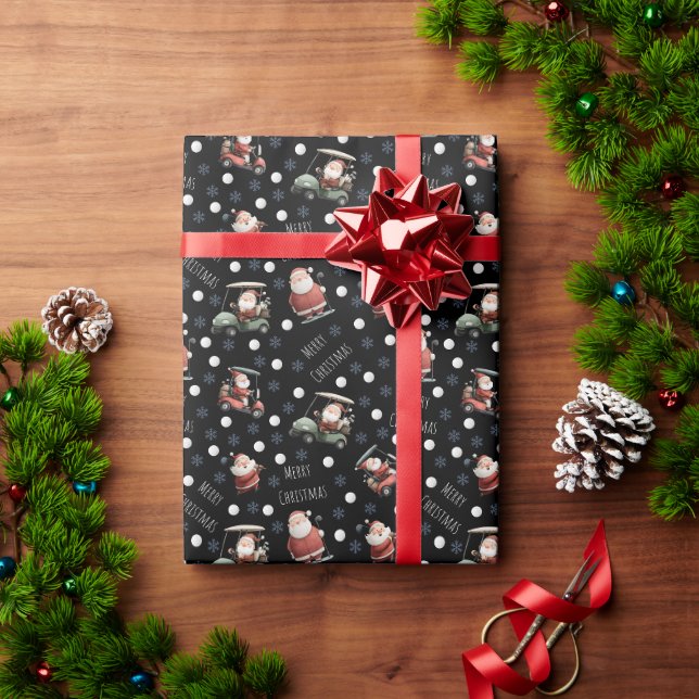 Golfing Santa on Black Wrapping Paper (Holiday Gift)