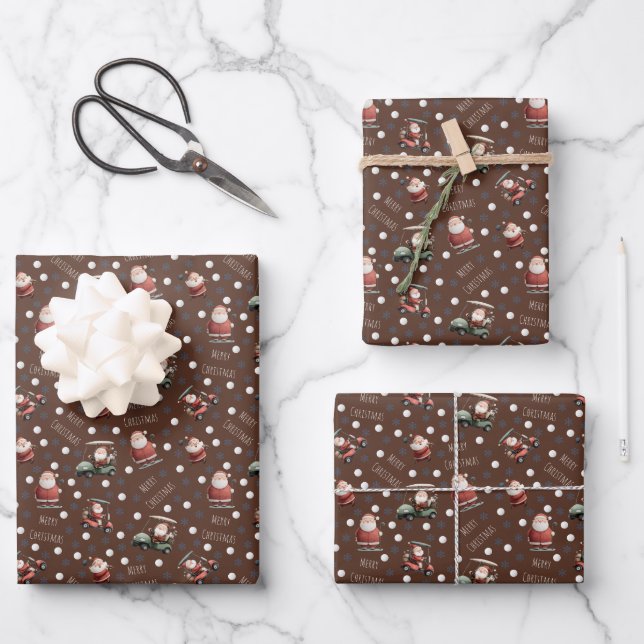 Golfing Santa on Brown Wrapping Paper Sheet (Front)
