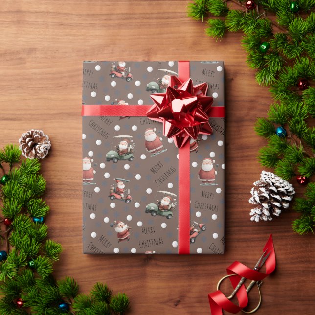 Golfing Santa on Coffee Brown Wrapping Paper (Holiday Gift)