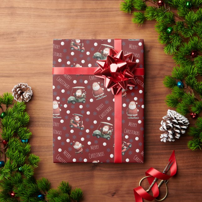 Golfing Santa on Dark Red Wrapping Paper (Holiday Gift)