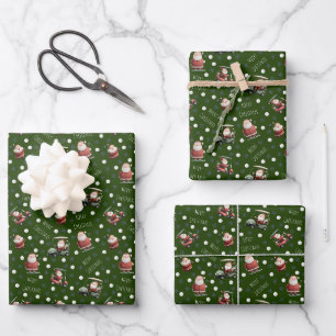 Golfing Santa on Deep Green Wrapping Paper Sheet