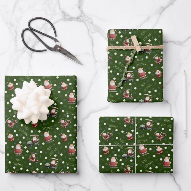 Golfing Santa on Deep Green Wrapping Paper Sheet (Front)