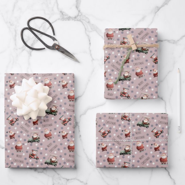 Golfing Santa on Dusty Rose Wrapping Paper Sheet (Front)
