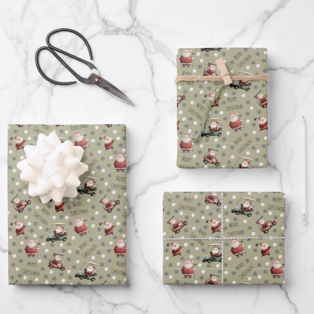 Golfing Santa on Khaki Brown Wrapping Paper Sheet (Front)