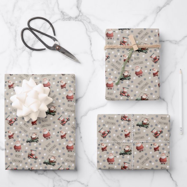 Golfing Santa on Vanilla Wrapping Paper Sheet (Front)