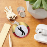 Golfing Sport ball and golfer Elegant background Key Ring<br><div class="desc">An elegant keychain to hold the keys of a golf enthusiast. The design features the silhouette of a male golfer placed over a large golf ball and set on an elegant ruby and gold background. To edit the design -- resize, replace, reposition or remove any of the design elements --...</div>