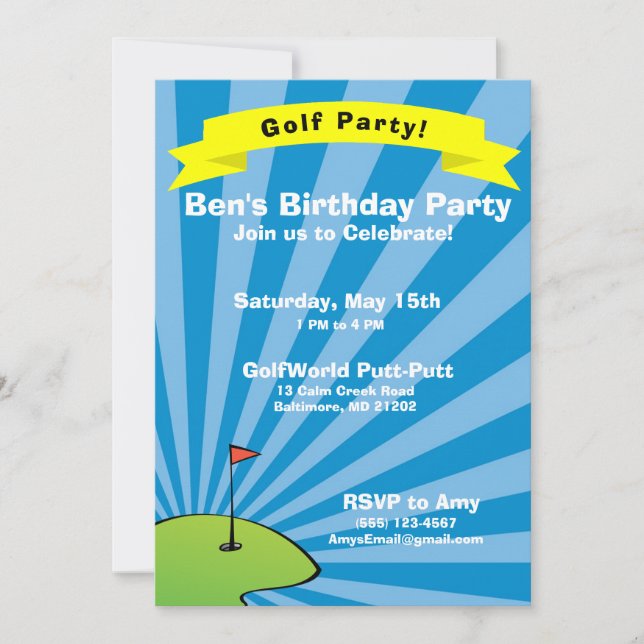 Golfing Themed Birthday Party Invitation (Front)