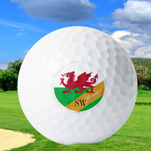 Golfing Wales & Monogram, Welsh Flag /golden Golf Balls