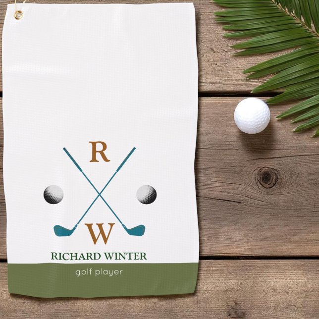 Golfplayer name, clubs & balls stylish golf towel (Creator Uploaded)