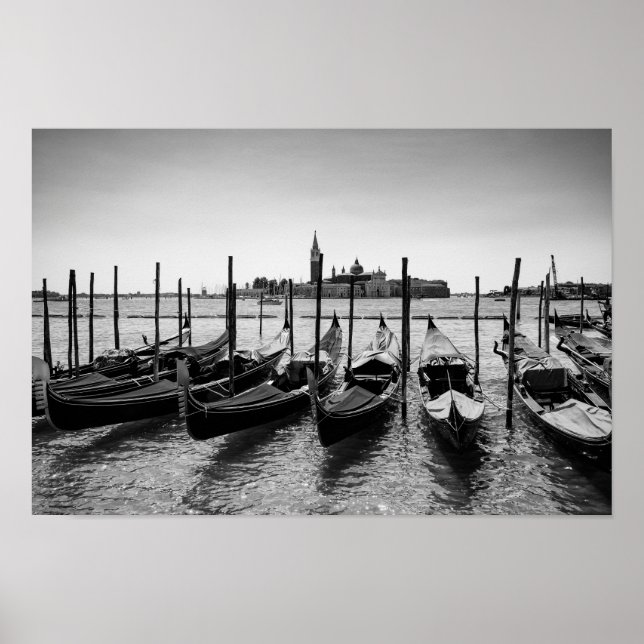 Gondolas in Venice in black and white Poster (Front)