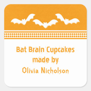 Gone Batty Halloween Baking Stickers, Orange & Whi Square Sticker