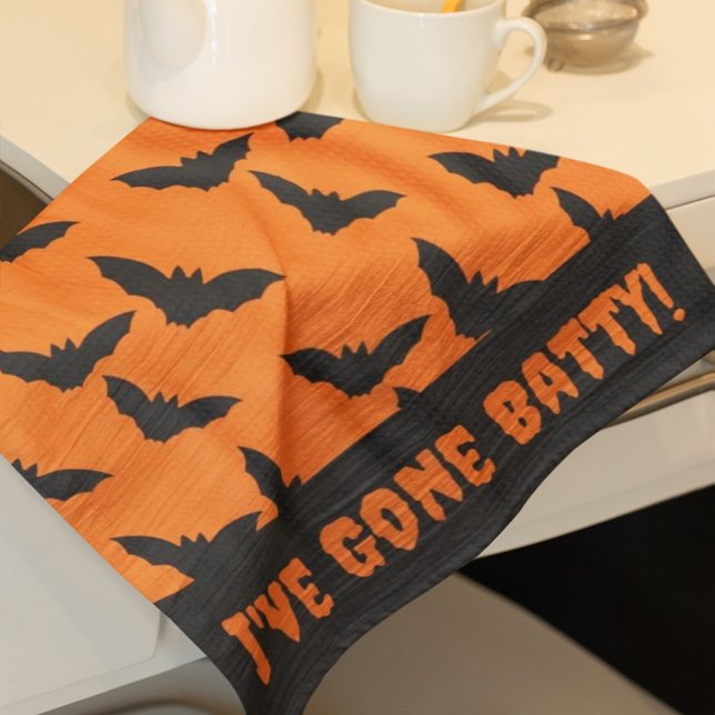 Gone Batty! Orange and Black Halloween  Tea Towel (Bats in the kitchen!)