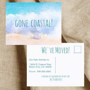 Gone Coastal New Home Wave On Beach Watercolor Announcement Postcard