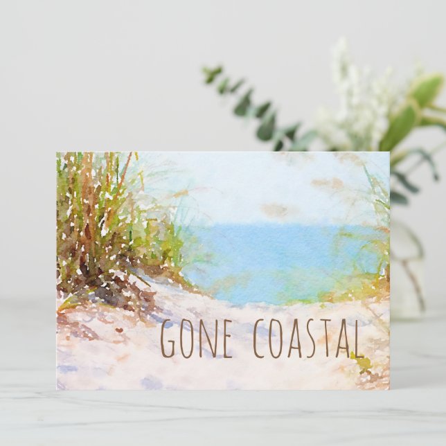 Gone Coastal Watercolor Beach New Home Announcemen Announcement (Standing Front)