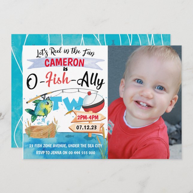 Gone Fishing 2nd Birthday Photo O-Fish-Ally 2 Invitation (Front/Back)