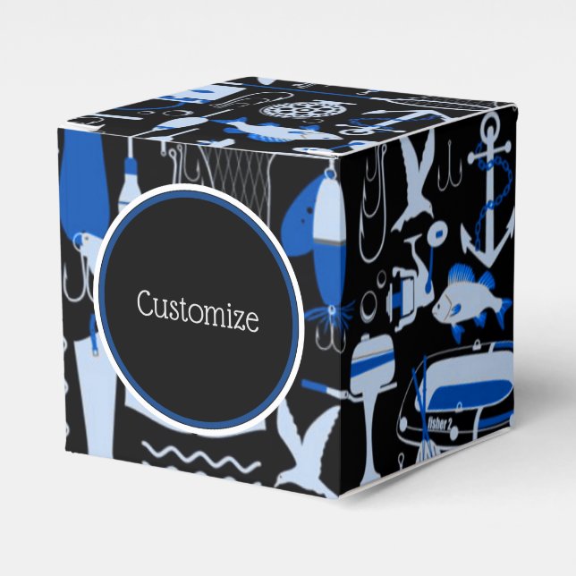 Gone Fishing Blue Pattern  Cube Favour Box (Front Side)