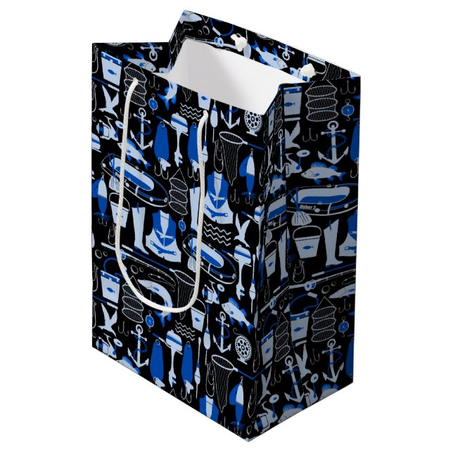 Gone Fishing Blue Pattern Medium Gift Bag (Front Angled)