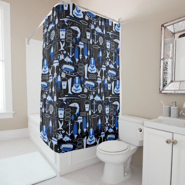 Gone Fishing Blue Pattern Shower Curtain (In Situ)