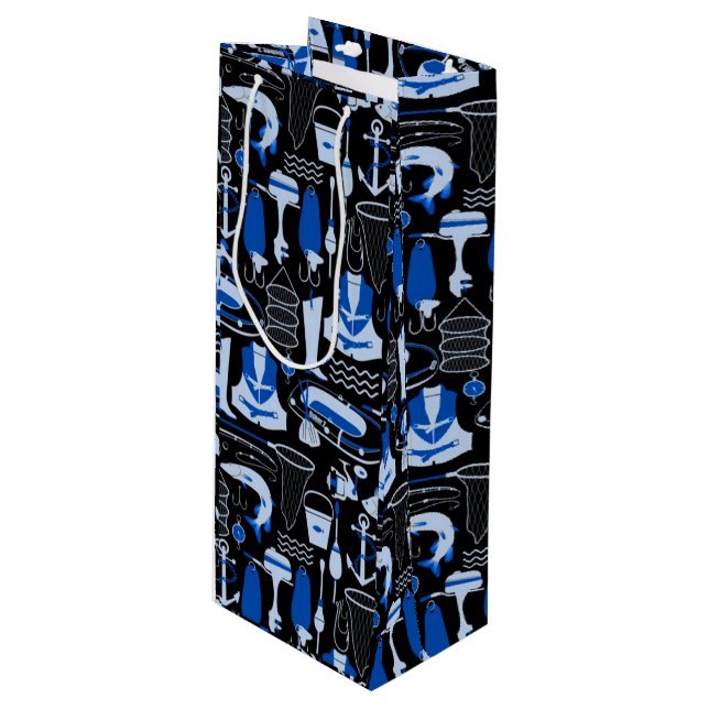 Gone Fishing Blue Pattern Wine Gift Bag (Front Angled)