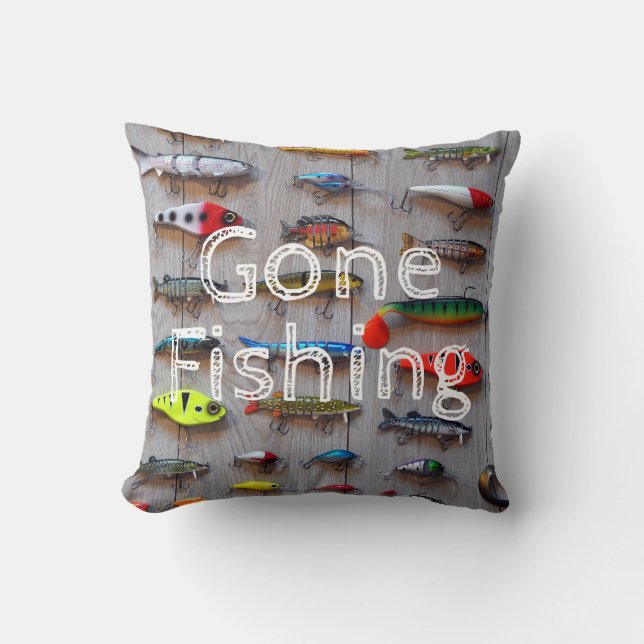 Gone Fishing Cabin Decor Fishing Lures Pillow (Front)