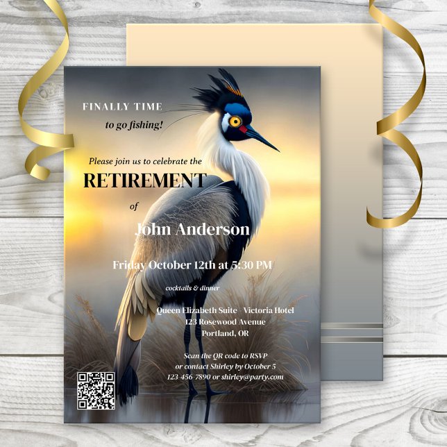 Gone Fishing Egret Art Retirement Party Invitation (Retirement party invitation featuring a painting of an egret. Gone fishing or a new adventure)