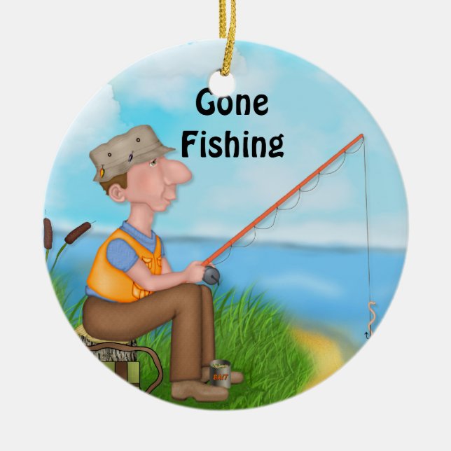 Gone Fishing Fisherman Ceramic Tree Decoration (Front)