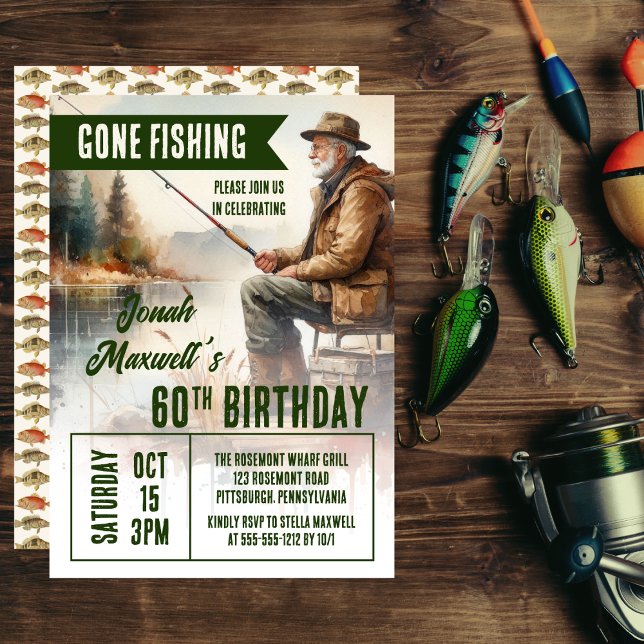 Gone Fishing Fisherman Scene Birthday Party Invitation ("Gone Fishing" Fisherman Scene Birthday Party Invitation)