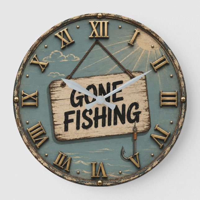 Gone Fishing Funny Fisherman Cabin Gift Large Clock (Front)