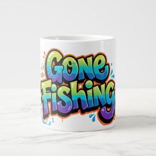 Gone Fishing Funny Rainbow Cartoon Gift for Fisher Large Coffee Mug