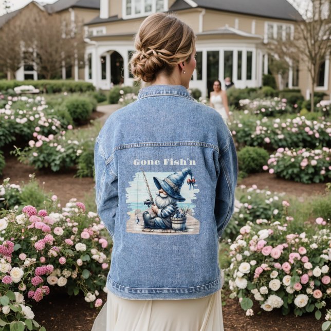 Gone Fishing Gnome Women's Denim Jacket (Wedding Back)
