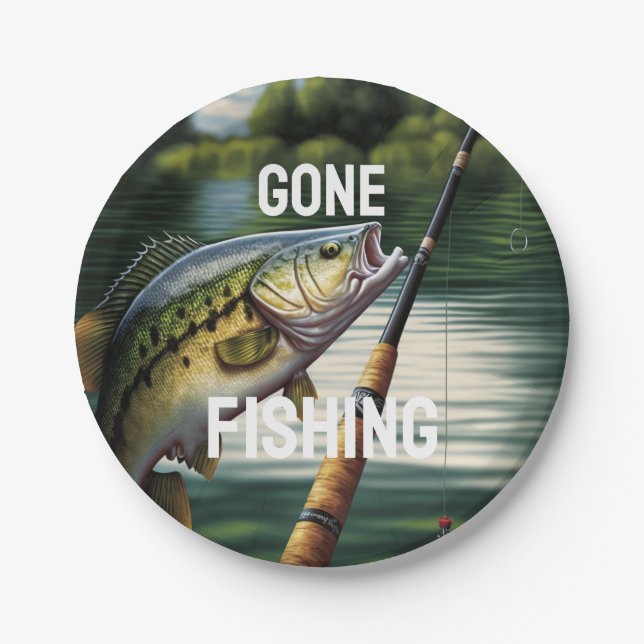 Gone Fishing Man Cave Lake House Bass Fish Paper Plate (Front)
